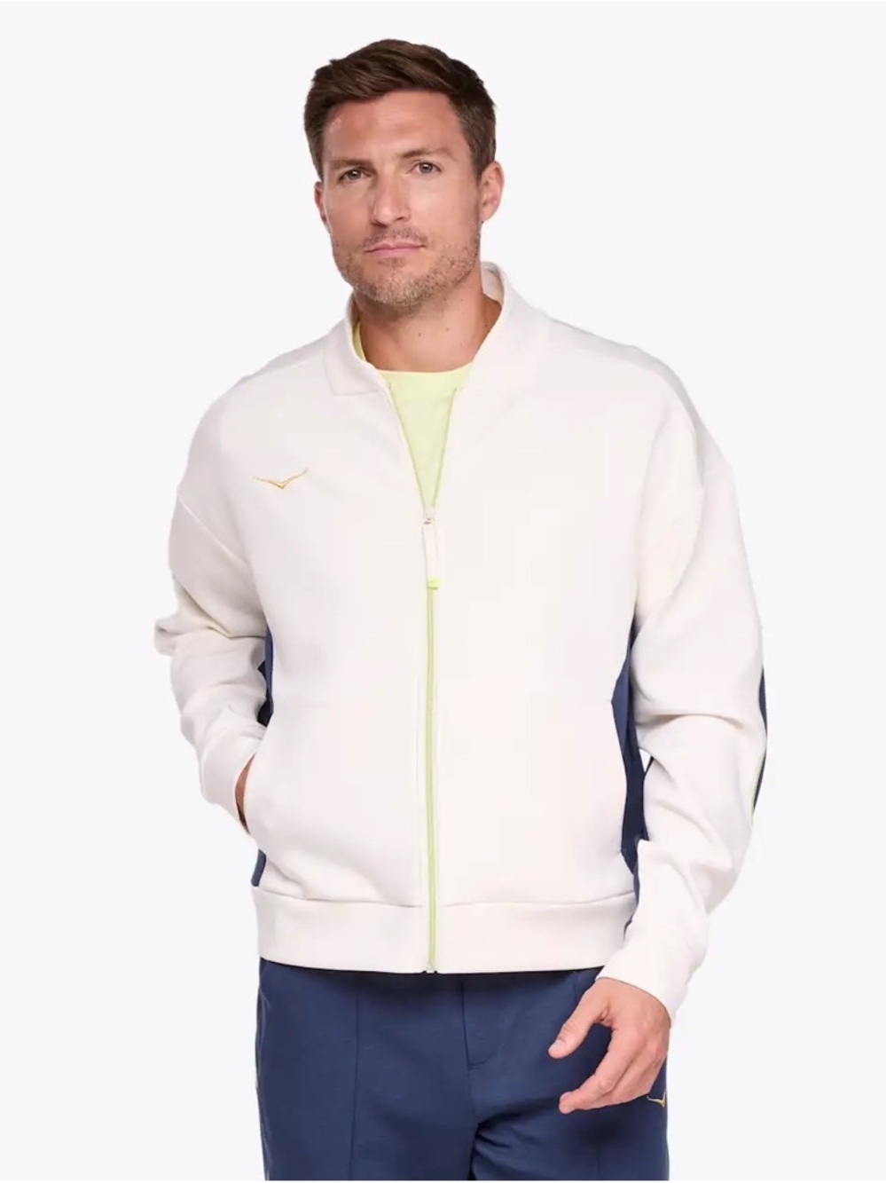 Hoka men’s Kaitoro Cream Navy Panels Zip-Front Jacket size M